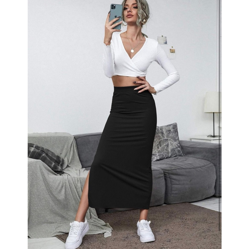 NEW Split Ribbed Knit Bodycon High Waisted Side Slit Pencil Maxi Skirt S - Picture 5 of 6